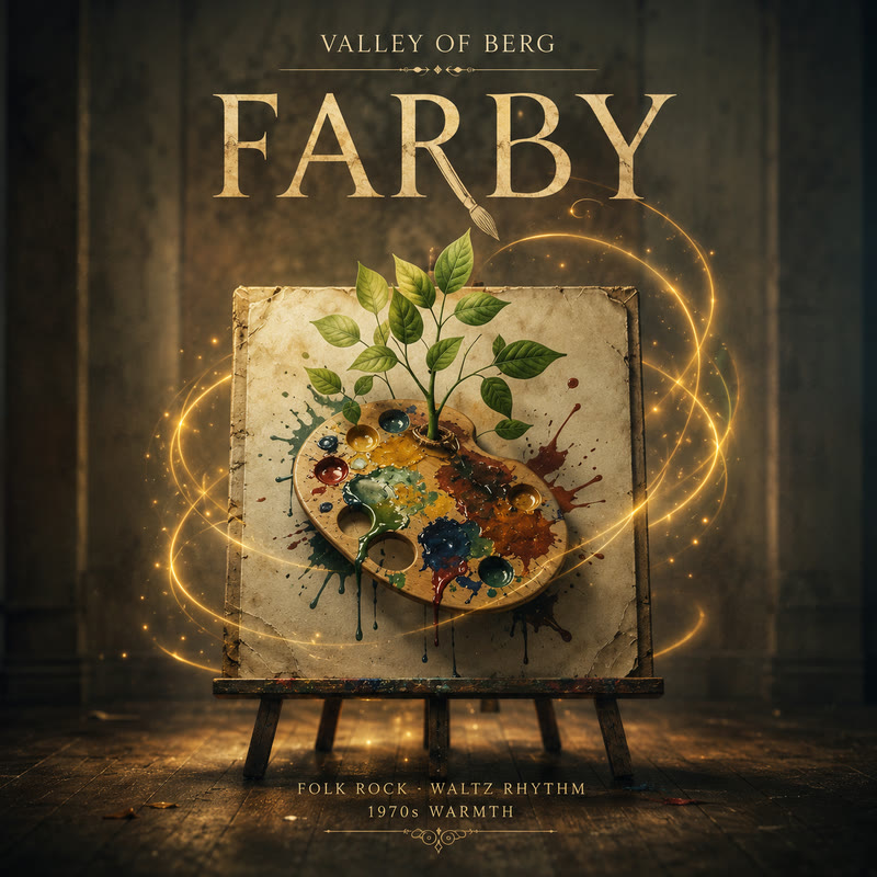 Farby cover art — a paint-loaded palette on a canvas propped on an easel, green leaves growing out of it, ribbons of golden light circling
