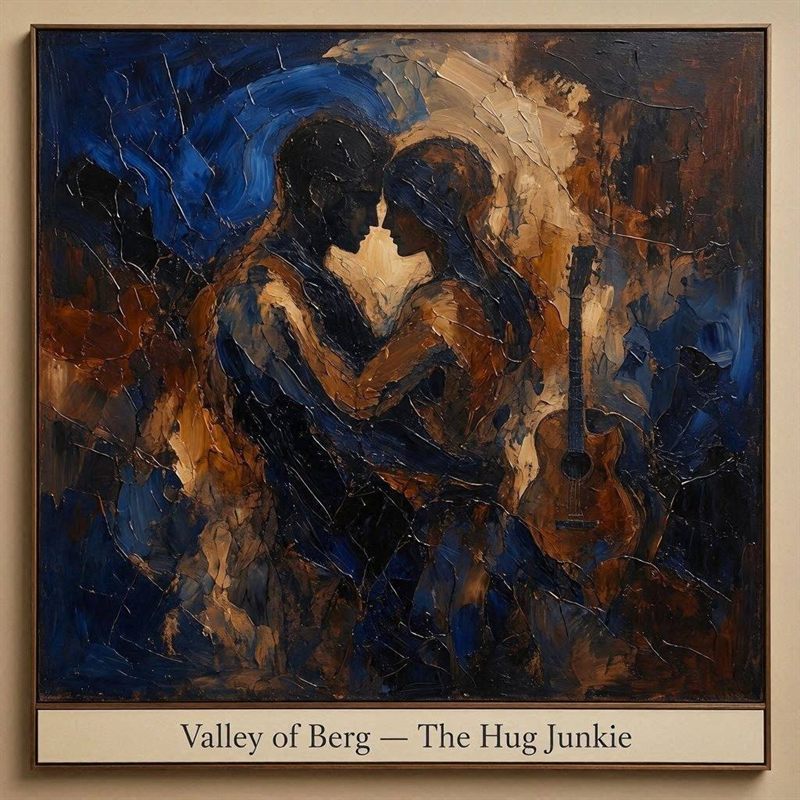 The Hug Junkie cover art — two figures embracing, painted in blue and amber impasto