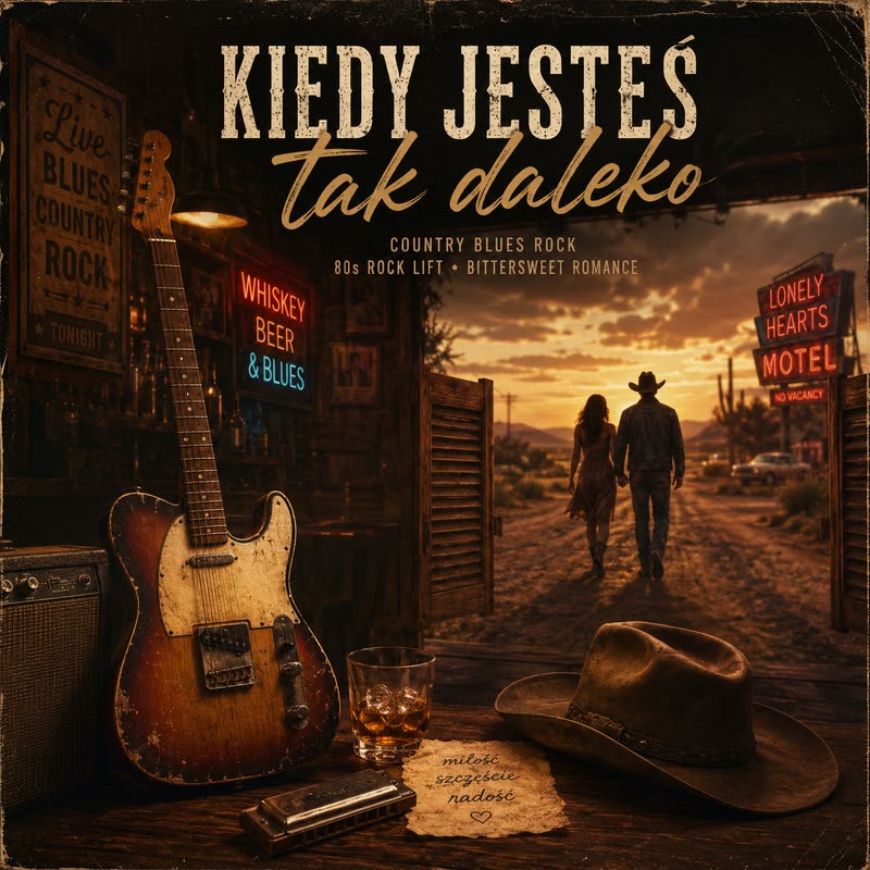 Kiedy Jesteś Tak Daleko cover art — a battered guitar and a whiskey glass in a roadside blues bar, a couple walking out into the desert sunset